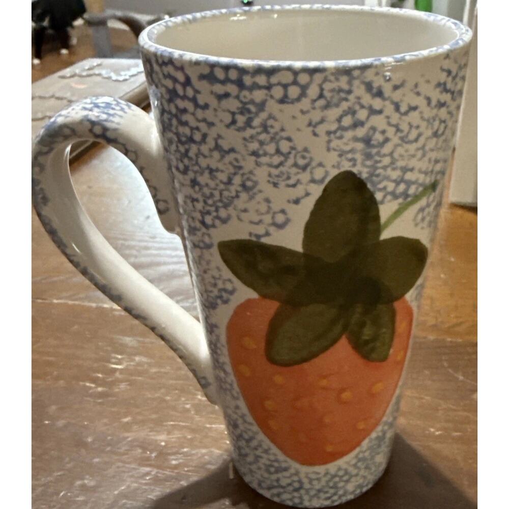 Gabbay 6" Tall Ceramic Strawberry and Blue Spongeware Design Coffee/Tea Cup Mug